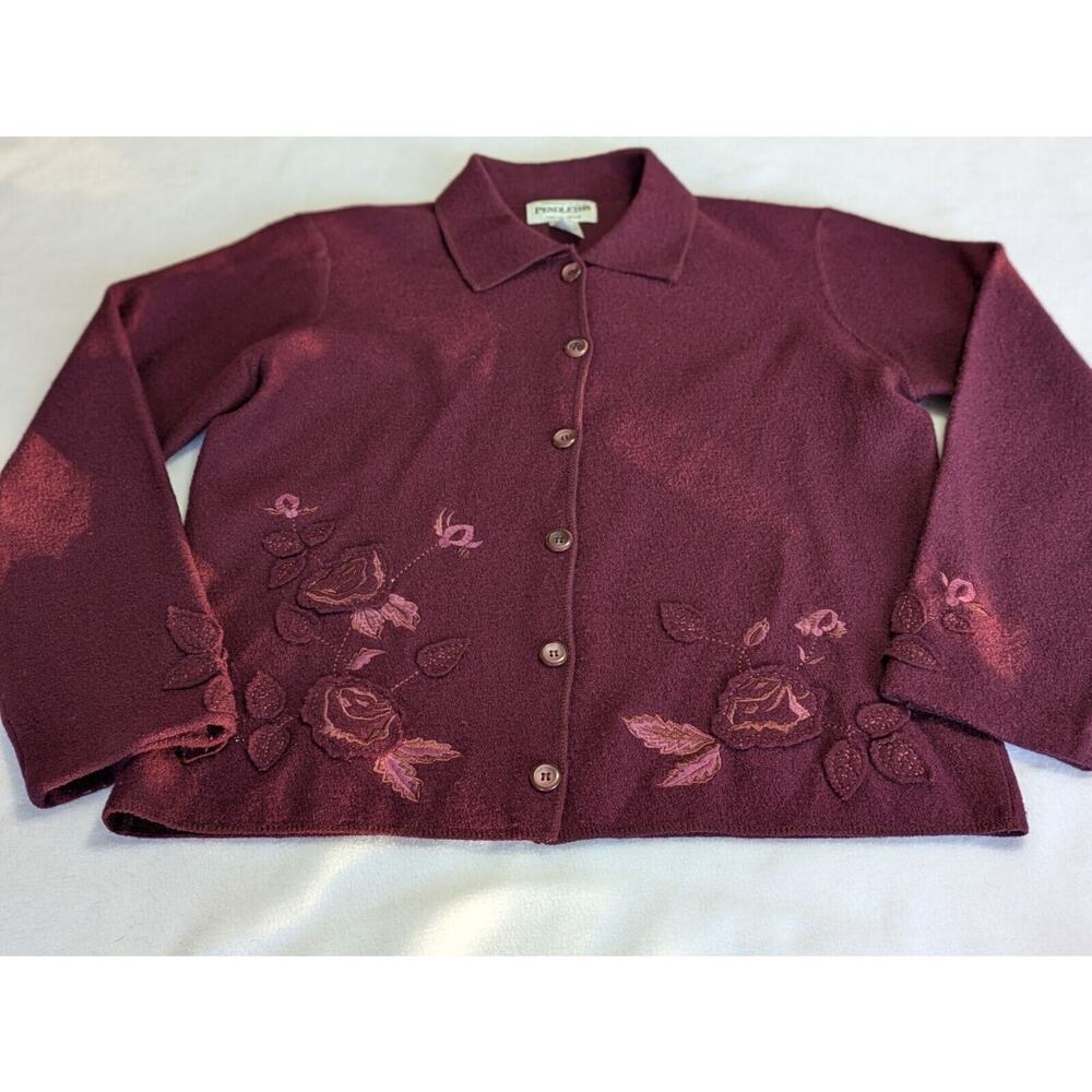 Pendleton Cardigan Sweater Burgundy Embroidered Applique Medium Grandma Floral - Picture 1 of 9